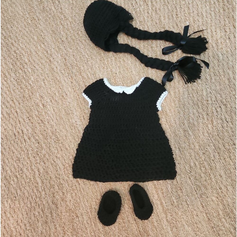 Wednesday Addams Black And White Crochet Dress With Shoes And Headpiece 6-9